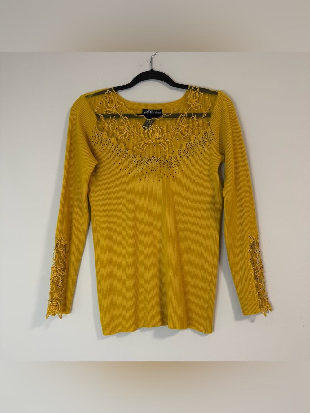 Anthropologie Intricate Mustard Sheer Embroidered Scoop-Neck Ribbed Sweater